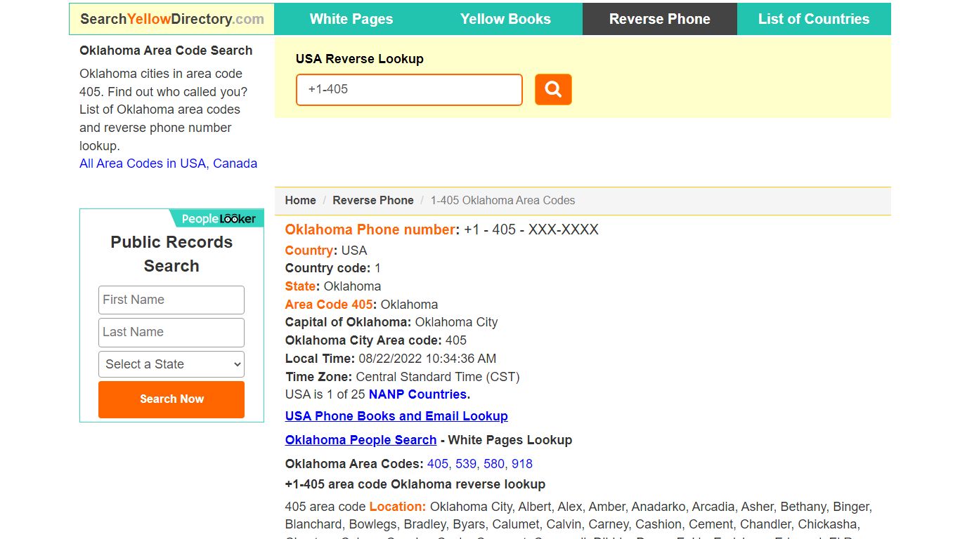 Oklahoma Area Code 405 Reverse Phone Number Lookup